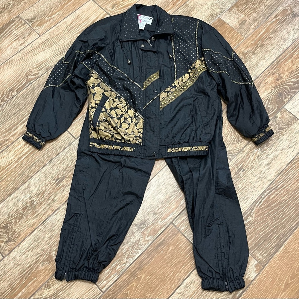 Vintage 80’s Windbreaker Jacket and Pants Black Gold